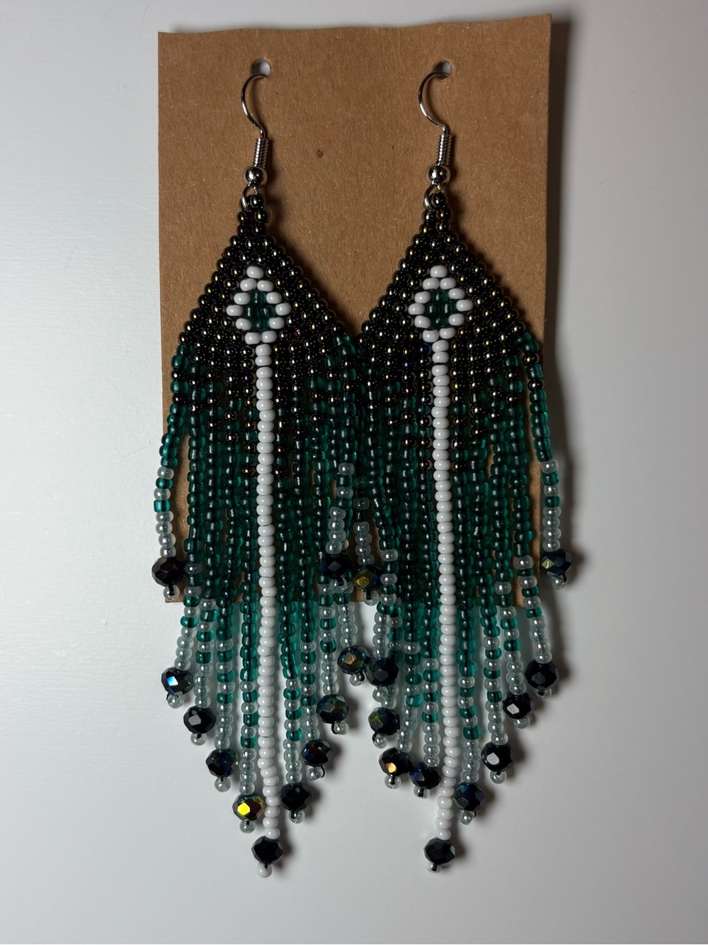 Handmade Green and Black Beaded Fringe Earrings